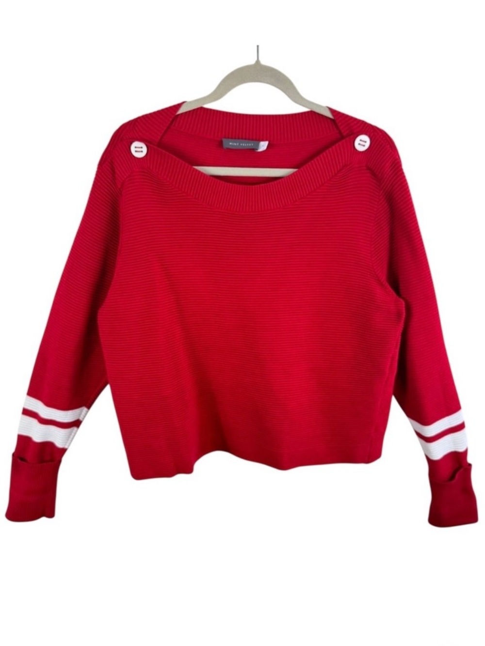 Mint Velvet Red Ribbed Boat Neck Sweater Pullover White Stripe Cuffs‎ Size 12